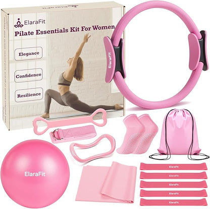 Home Pilates Kit for Women Pilates Equipment Ring and Ball Set Magic Circle Hoop with 5 Resistance Bands Compact Toning Fitness Essentials Starter Set Accessories