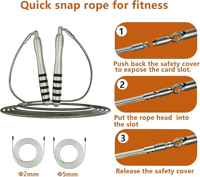 Speed Jump Rope with Weights - Interchangeable 2mm & 5mm Dual Cables Fast-Clip System for CrossFit, Double Unders, HIIT - Adjustable 9.8-10ft Speed Rope for Men/Women/Kids Home Gym