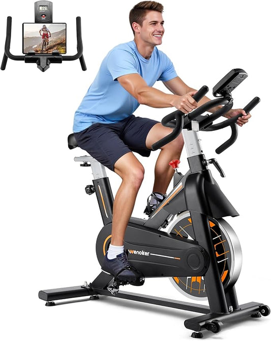 Exercise Bike, Wenoker Stationary Bike for Home, App Supported Indoor Bike with Silent Belt Drive, Heavy Flywheel, Multi-grips Handlebar and Upgraded Digital Display