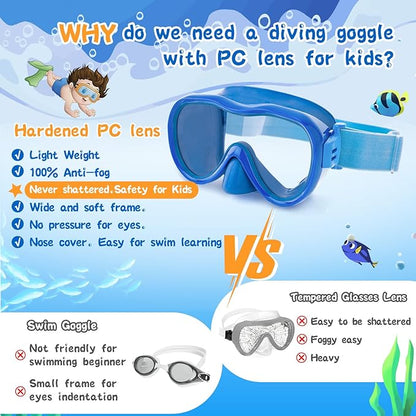 Kids Swim Goggles 180° Snorkel Diving Mask with Nose Cover, Anti-Fog Kids Swimming Goggles with Elastic Fabric Strap for Kids Boys Girls