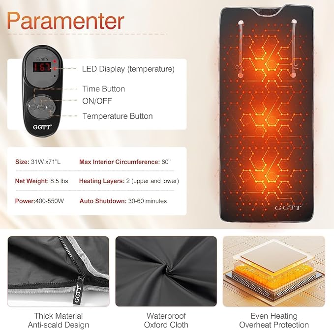 Infrared Sauna Blanket-Sauna Blanket for Home Use, Portable Design for Relaxation and Detoxification Highest 176℉, 20-60 Minutes Timer (Deep Black)