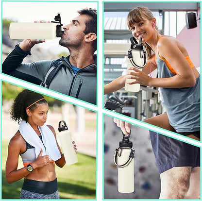 40oz Insulated Water Bottle - w/Straw Spout Lid, Bottle Holder with Strap, Paracord Handle, Protective Bottom Boot, Stainless Steel Metal Thermo Jug Flask Cold 48h & Hot 24h, Cream White
