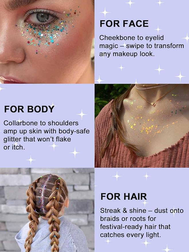 Body Glitter Face Glitter for Women Kids, 12 Colors Halloween Face Glitter, Hair Glitter Gel, Cheer Makeup Stuff, Face Painting Kit Rave Festival Party Christmas Makeup Accessories
