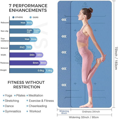 Yoga Mat Non Slip TPE Extra Wide Yoga Mat with Alignment Mark, 72"L x 32"W x 0.32"/0.24"Th (183cm x 81cm x 8mm/6mm), Anti-Tear Exercise Mat with Carrying Strap and Bag, Workout Mats for Yoga, Pilates