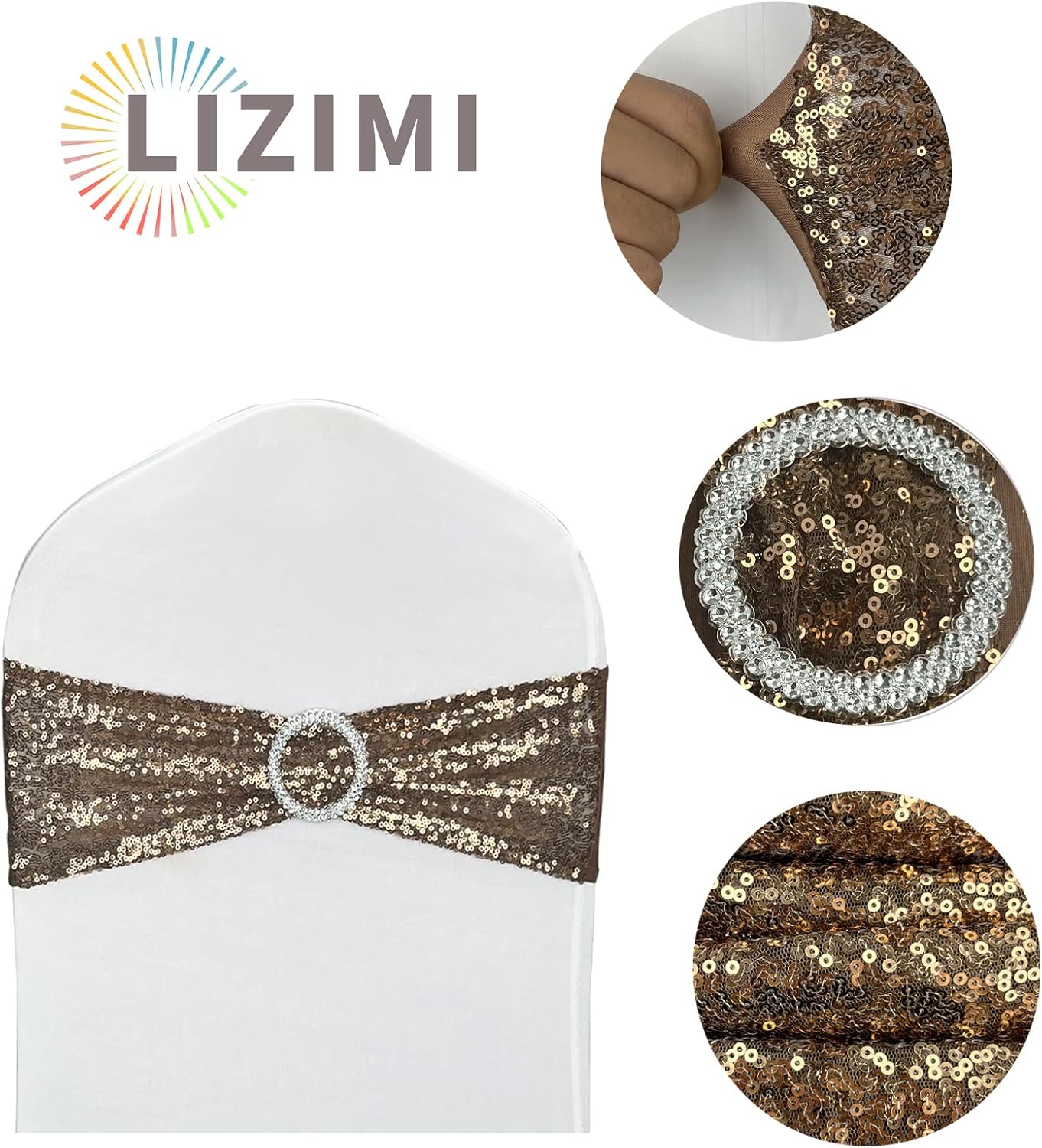 10 Pcs Sequin Chair Sashes Stretch Chair Bands Spandex Polyester Bows for Party Hotel Wedding Banquets Decoration - Coffee