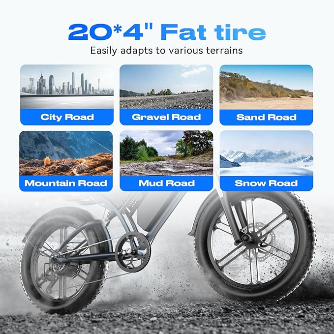 Electric Bike for Adults, 1200W 32MPH, 48V 30AH E-Bike, 65-Mile Range, 20-Inch Fat Tire E-Motorcycle,Off-Road Fit for Mountains, Snow, Sand, Highways
