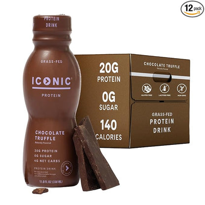 Iconic Protein Drinks, Chocolate Truffle (12 Pack) - Sugar Free & Low Carb - 20g Grass Fed Protein - Lactose Free, Gluten Free, Non-GMO, Kosher - Keto Friendly Protein Shakes