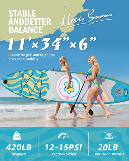 11'Stand Up Paddle Boards Surf Control with Premium SUP Board Accessories Backpack & Removable Fins, 34" Wide Inflatable Paddle Boards of All Skill Levels