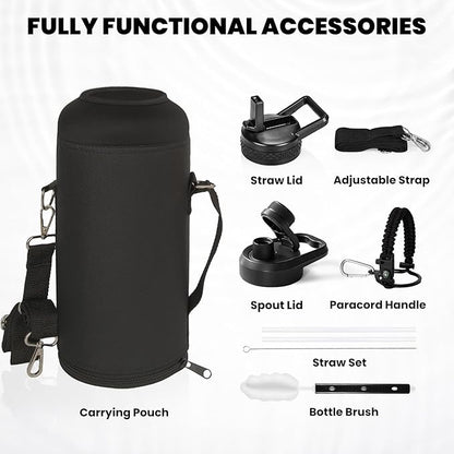 Insulated Water Bottle 87 oz, Triple Wall Vacuum Stainless Steel (Cold for 48 Hrs), Leak Proof & Non-BPA, Modern Water Flask Jug with Paracord Handle & Straw Spout Lids, Magic Black