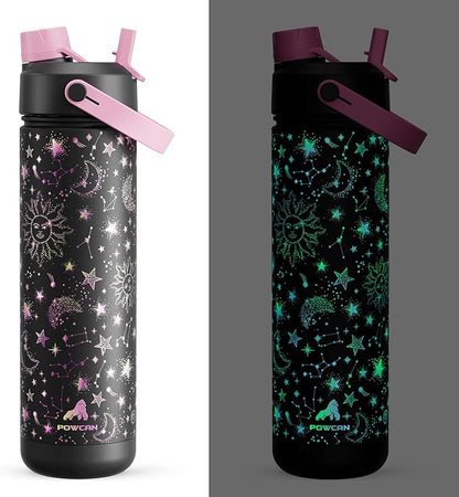26 oz Insulated Water Bottle with 2-in-1 Straw and Spout Lid, Glow-in-the-Dark, 24H Cold, Leakproof, Fits in Car Cup Holder, Stainless Steel for Sports, Travel, and School (Twinkling Galaxy)