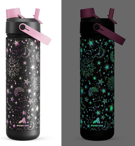 26 oz Insulated Water Bottle with 2-in-1 Straw and Spout Lid, Glow-in-the-Dark, 24H Cold, Leakproof, Fits in Car Cup Holder, Stainless Steel for Sports, Travel, and School (Twinkling Galaxy)