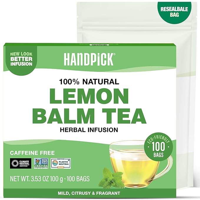HANDPICK Lemon Balm Tea Bags – 100 Count | 100% Pure Natural Dried Lemon Balm Herb | Caffeine-Free Herbal Tea with Citrus Flavor & Aroma | Round Eco-conscious Teabags
