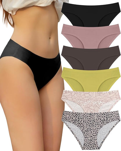 FINETOO 6 Pack Women’s Seamless Hipster Underwear No Show Panties Invisibles Briefs Soft Stretch Bikini Underwears XS-XL