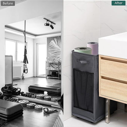 Yoga Mat Storage Racks, Home Gym Storage Rack with Wheels, Yoga Mat Holder Side 2 Mesh Pockets, Yoga Storage Basket Holds 4 Yoga Mats, 2 Foam Rollers, 6 Resistance Bands