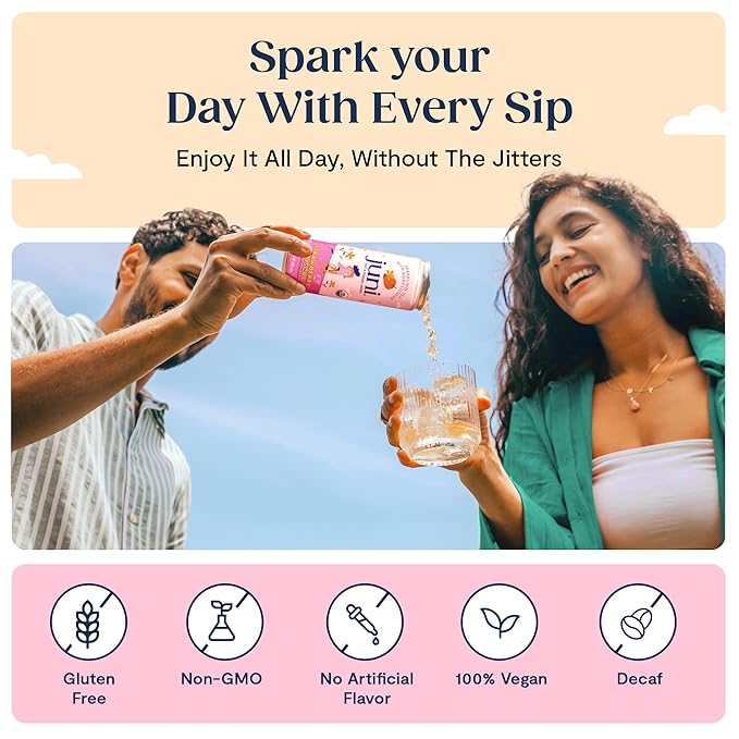 Juni Sparkling Adaptogen Drink with Ashwagandha, Lion’s Mane & Reishi Mushrooms | Green Tea for Focus, Zero Sugar, 5 Calories | Decaffeinated, Non Alcoholic Drinks - Yuzu Pineapple 12 pack