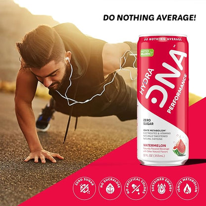 HYDRADNA- Clean Performance Drink, Zero Sugar | For Natural Fuel, Alertness, Boost, Stamina,120 mg Organic Caffeine, Natural Flavors, Zero Sucralose, Clean Ingredients (12 Pack) (12 Pack, Watermelon)