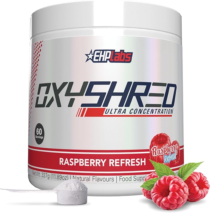 EHP Labs OxyShred Pre Workout Powder - Preworkout Powder with L Glutamine & Acetyl L Carnitine, Energy Boost Drink - Raspberry Refresh, 60 Servings