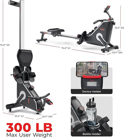 Sunny Health & Fitness Flip & Foldable Rowing Machine for Home w/Extended Slide Rail, Full-Body Workout, Low-Impact, Optional Extra Long Rail, Quiet Rail Cover, Water Motion and Free SunnyFit App