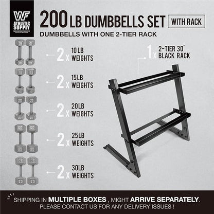 WF Athletic Supply 200Lb Dumbbell Set, 10-30Lb Dumbbell Set with Two-Tier Storage Rack for Muscle Toning, Strength Building & Weight Loss - Multiple Choices Available