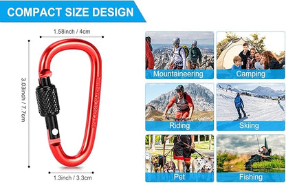 10 Pack Aluminum D Ring Key Rings Hiking Clips Locking Carabiner for Hiking Camping Fishing and Outdoor Use，Clips with Screw Gate Multicolored