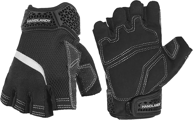 HANDLANDY Fingerless Work Gloves for Men, Half Finger Working Glove Grip Shock-Absorbing Breathable Uwrist TPR Anti-collision Gloves for Mens & Women (Black, XL)