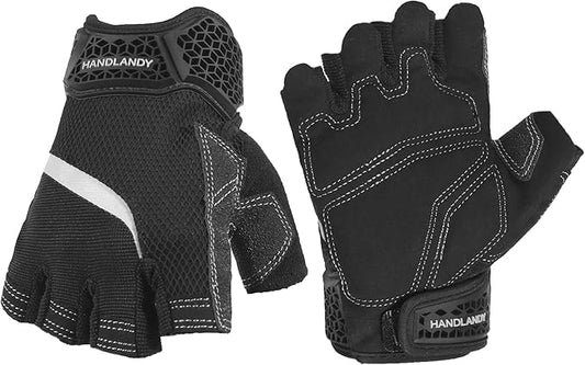 HANDLANDY Fingerless Work Gloves for Men, Half Finger Working Glove Grip Shock-Absorbing Breathable Uwrist TPR Anti-collision Gloves for Mens & Women (Black, L)