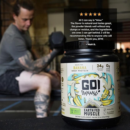Earth Fed Muscle Go! Bananas Irish Grass‑Fed Whey Protein Isolate – All Natural Banana Flavor, Zero Added Sugar, Soy‑Free, Gluten‑Free (2lb, 27 Servings, Banana)