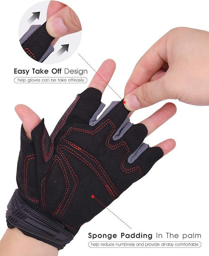 'HANDLANDY Fingerless Work Gloves for Men and Women Utility Padded Half Finger Driving Working Gloves (Small, Red)