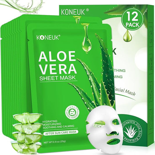12 Pack Aloe Vera Face Masks Skincare, Sheet Aloe Hydrating Face Mask for Sunburn Relief and After Sun Care, Bulk Aloe Vera Face Mask for Spa Party Gifts