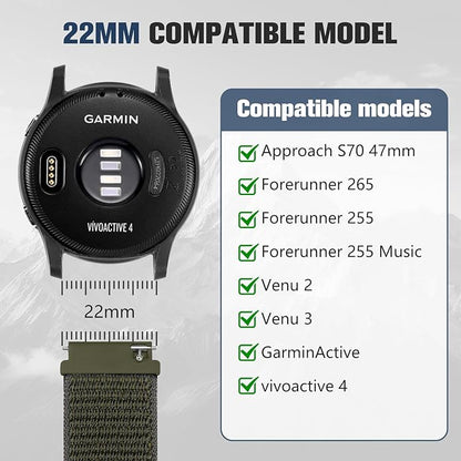 18mm 20mm 22mm Hook and Loop Watch Band Compatible with Garmin Vivoactive 5/ Vivoactive 6/ Vivoactive 3, Soft Nylon Breathable Sport Strap for Venu 2S/ Venu3S/ Forerunner 265s,Venu 3/ Venu 2 Men Women