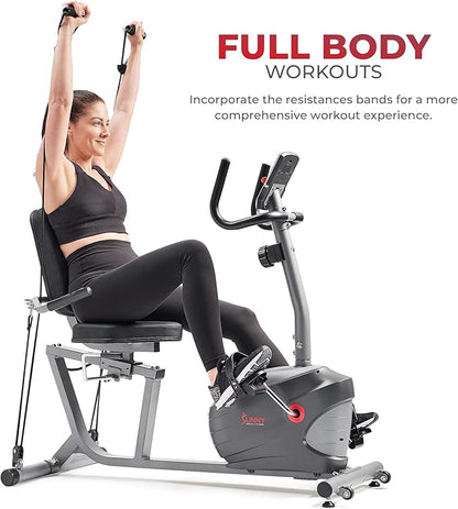 Sunny Health & Fitness Smart Indoor Recumbent Bike Trainer, Home Full Body Workout & Cardio Cycling Machine for Seniors, Free SunnyFit Bluetooth Connect, Optional Arm Exerciser Hand Cycle & Bands