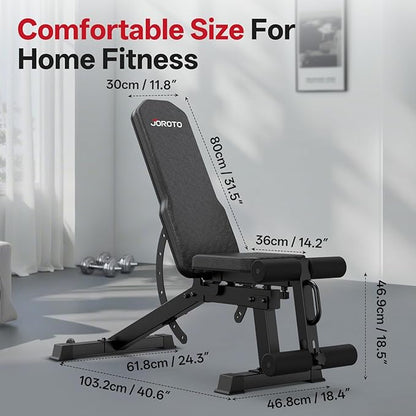 JOROTO MD65 Adjustable Weight Bench, 1700LB Heavy Duty Workout Bench for Home Gym, Flat Incline Decline Sit Up Utility Bench Press with 9 Backrest & 3 Seat Positions, Removable Leg Support & Wheels