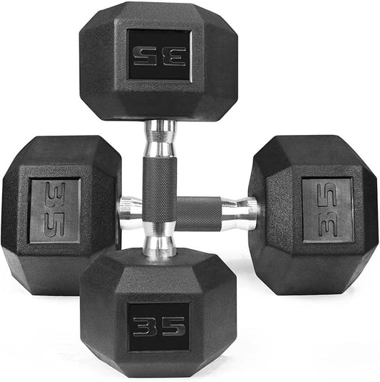 WF Athletic Supply Rubber Encased Hex Dumbbells with Rubber Grip Contoured Handle for Muscle Toning, Strength Building & Full Body Workout