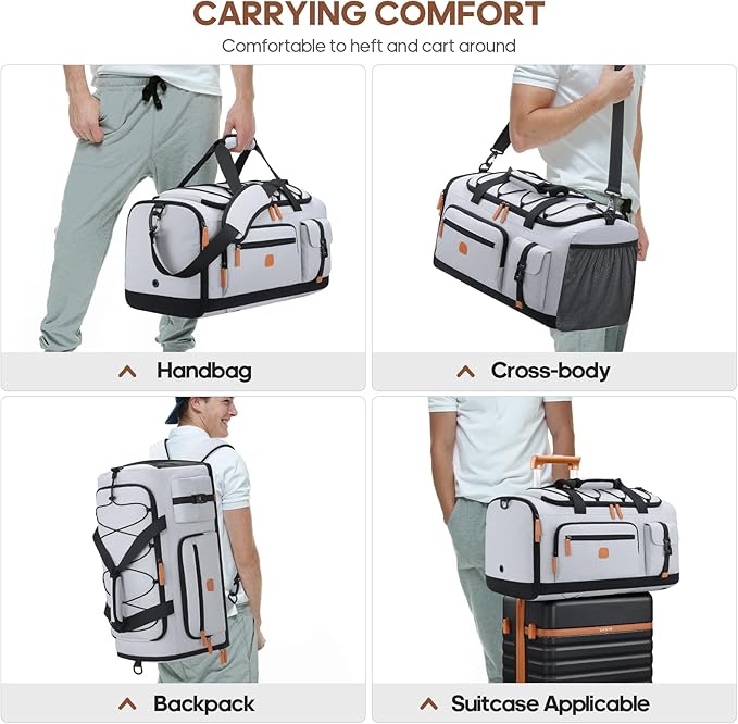 Gym Bag for Men and Women with Shoe & Laptop Compartment, 3-in-1 Sports Travel Duffel Bag Anti-Theft Weekender Carry-On Backpack for Airplane & Workout, Overnight Travel Bag,35L (Light Grey, Medium)