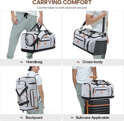 Gym Bag for Men and Women with Shoe & Laptop Compartment, 3-in-1 Sports Travel Duffel Bag Anti-Theft Weekender Carry-On Backpack for Airplane & Workout, Overnight Travel Bag,35L (Light Grey, Medium)