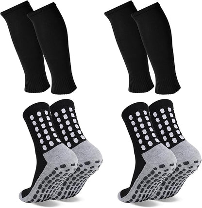 2 Set Grip Soccer Socks with Shin Guard Sleeves Non Slip Soccer Leg Sleeve Socks for Men Women