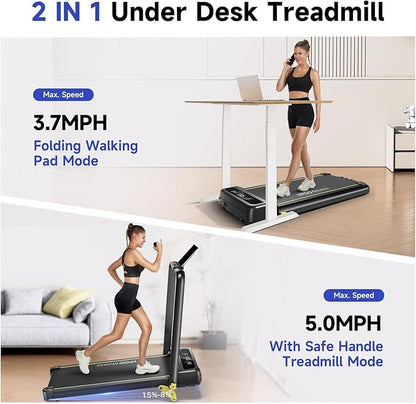 Foldable Treadmill with Incline, Walking Pad with Handle Bar 3 Level Incline, Portable Folding Treadmills for Home/Office 300 Lbs Capacity, Quiet Desk Treadmill with Remote Control & APP