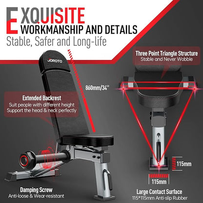 JOROTO MD80 Adjustable Weight Bench, 1000LB Capacity Heavy Duty Strength Training Bench for Home Gym, Flat/Incline/Decline Utility Workout Bench Press with Wheels & Extended Backrest