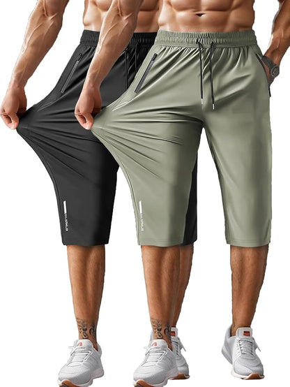 Men's Capri Pants 3/4 Joggers Gym/Workout/Hiking Below Knee Long Shorts Lightweight Quick Dry with Zipper Pockets