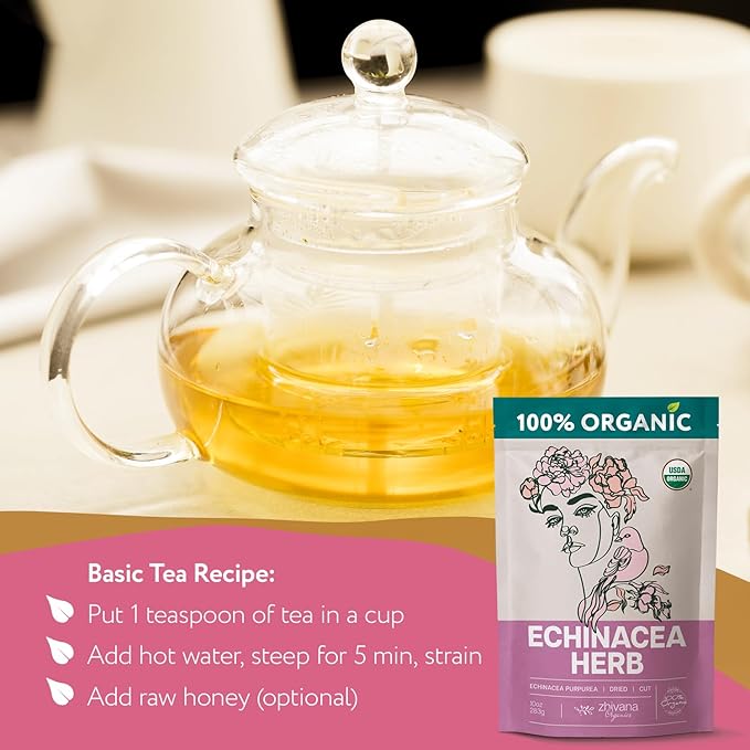 Echinacea Tea Organic (10oz.) – Echinacea Purpurea Herb Loose Leaf - Equinacea Organica - Body Defenses, Immune Support Tea
