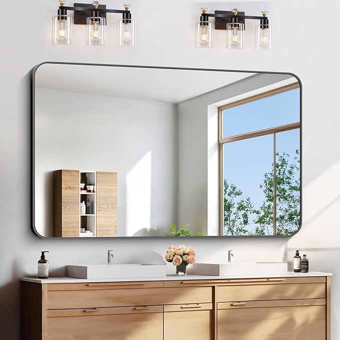 FORBATH Large Bathroom Mirror 60x36 Inches, Black Oversized Wall Mirror for 2 Sinks Aluminum Frame Wall Mounted Rounded Corner Morndern Mirror for Bathroom Bedroom Entryway Living Room