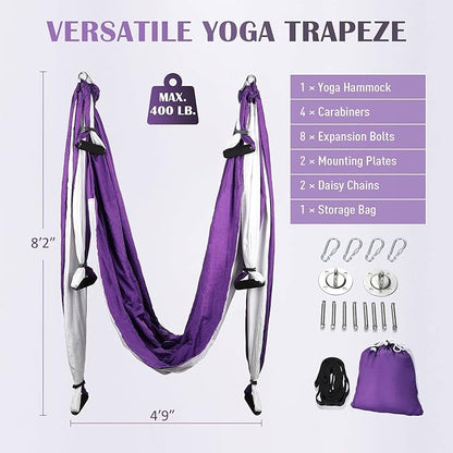ZELUS Aerial Yoga Swing Sling Strong Yoga Hammock Kit Set Trapeze Inversion Equipment Include 2 Extensions Straps and Ceiling Mounting Kit