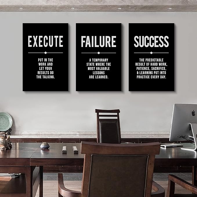 Framed Canvas Wall Art Success Quote, Office Wall Art, Black Large Poster, Positive Motivational Set of 3 Prints, Execute Failure Definition, Inspirational Print (A-3pcs,16x24inchx3pcs)