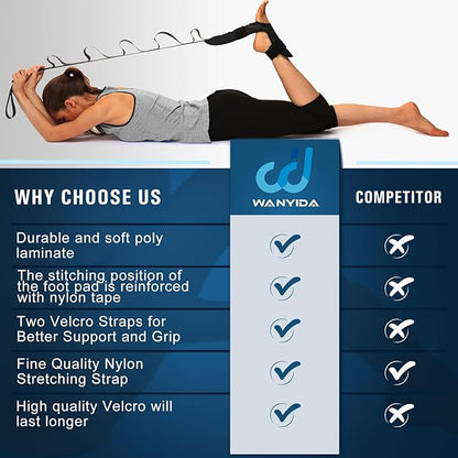 Foot and Calf Stretcher for Plantar Fasciitis, Achilles Tendonitis, Heel Spurs, Drop Foot. Yoga Stretching Strap for Leg, Thigh and Hamstring (Black)