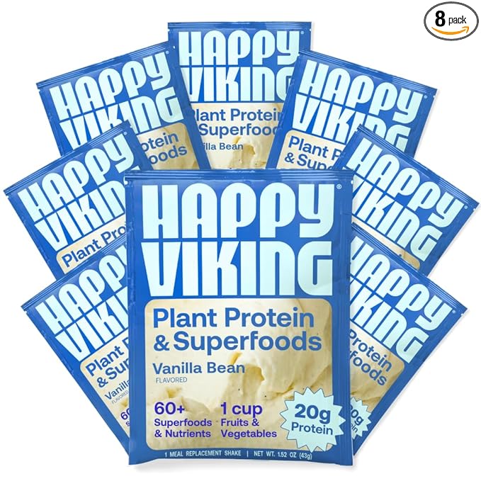 Happy Viking Vanilla Bean Plant Protein Powder, Created by Venus Williams, 20G Protein, Low Carb, Keto, Vegan, Gluten-Free, Non-GMO, Superfoods, Complete Meal Replacement, 8 Single Serve Packs