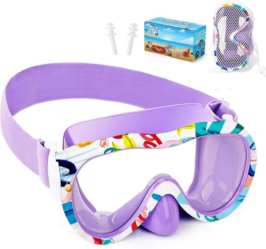 Kids Swim Goggles with Nose Cover, 180° Panoramic Snorkel Mask with Anti-Fog & Anti-Leak Design, Comfort Fabric Strap UV Protection Lens for Boys Girls Ages 3-15