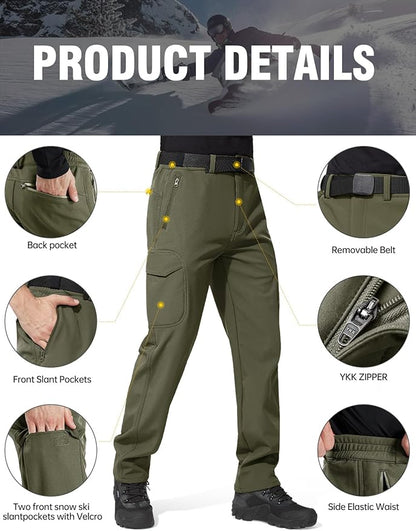 FREE SOLDIER Men's Outdoor Softshell Fleece Lined Cargo Pants Snow Ski Hiking Pants with Belt