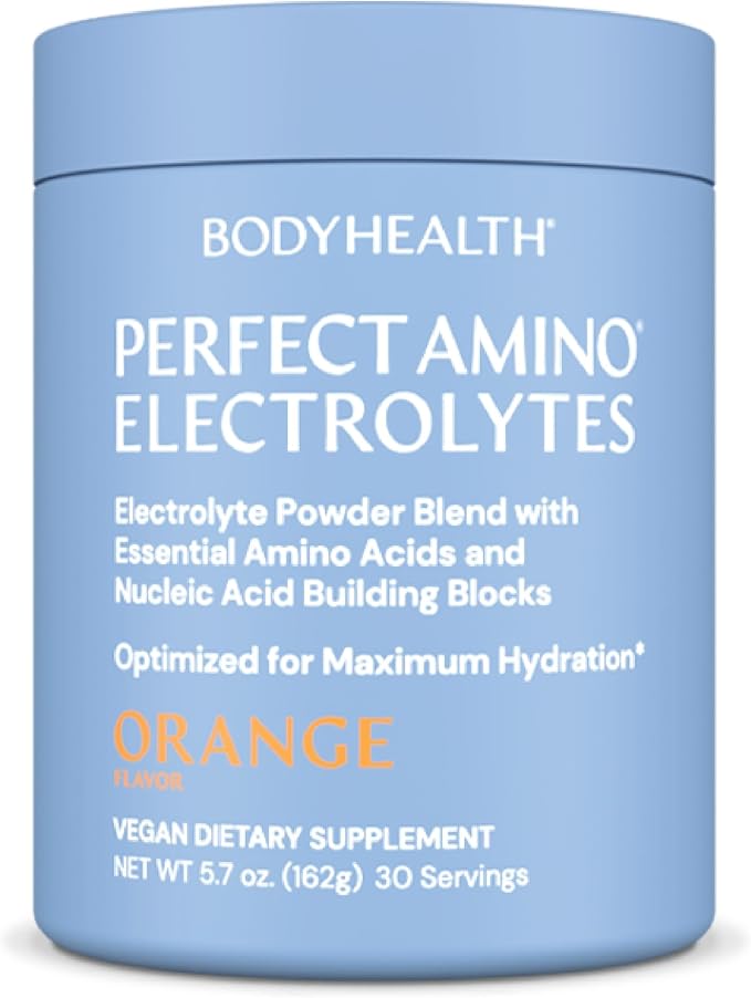 BodyHealth PerfectAmino Electrolytes Powder No Sugar, Keto Sugar Free Fasting Electrolytes Drink Mix, Hydration Powder with Trace Minerals - Orange - 30 Servings