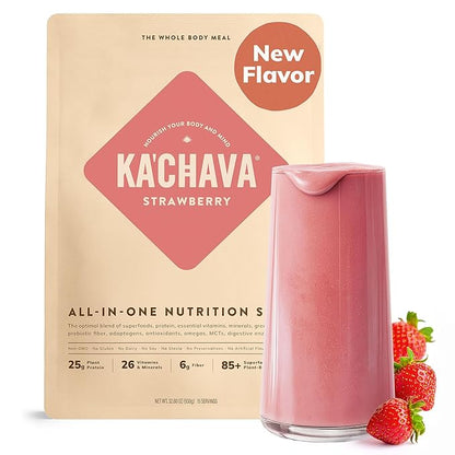 Ka’Chava All-In-One Nutrition Shake Blend, Strawberry, 15 Servings, 85+ Superfoods & Nutrients, Greens Plant-Based Powder Protein Drink, Digestive Enzymes & Probiotics, Vegan Dairy Gluten Free