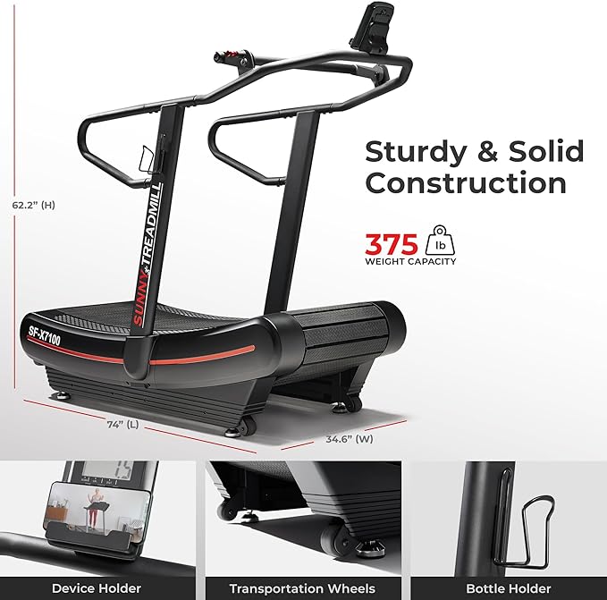Sunny Health & Fitness Premium Manual Treadmill – Non-Motorized, Heavy-Duty, Commercial-Grade, Adjustable Handlebar, for Endurance Training, Optional 8-Level Magnetic Assistance & Free SunnyFit App